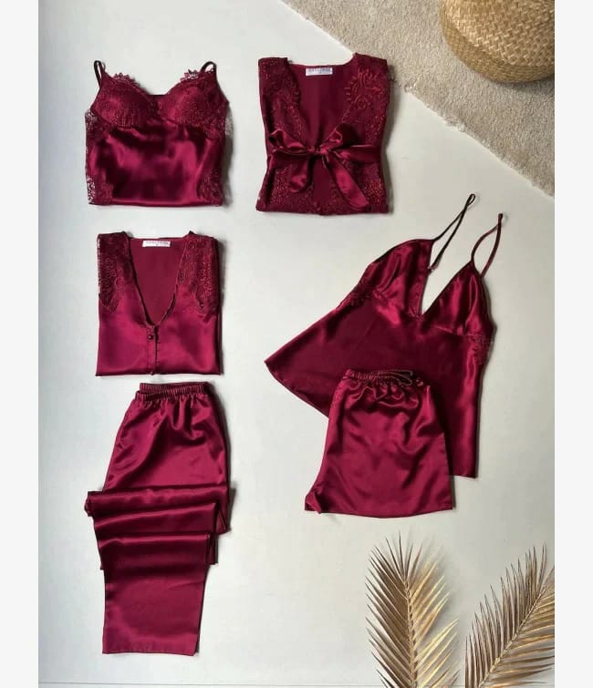 Midnight Elegance 6-Piece Luxurious Satin Nightwear Set